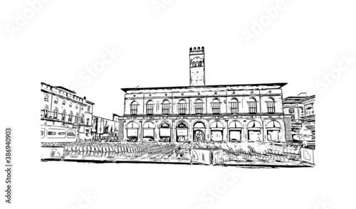 Building view with landmark of Bologna is the capital and largest city of Northern Italy. Hand drawn sketch illustration in vector.