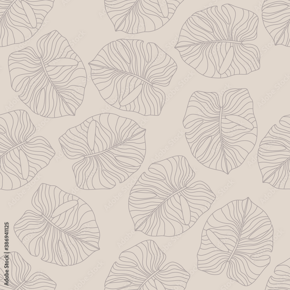 Pale monstera leaf elements seamless hand drawn pattern. Exotic hawaii botanical artwork with random located tropic foliage shapes.