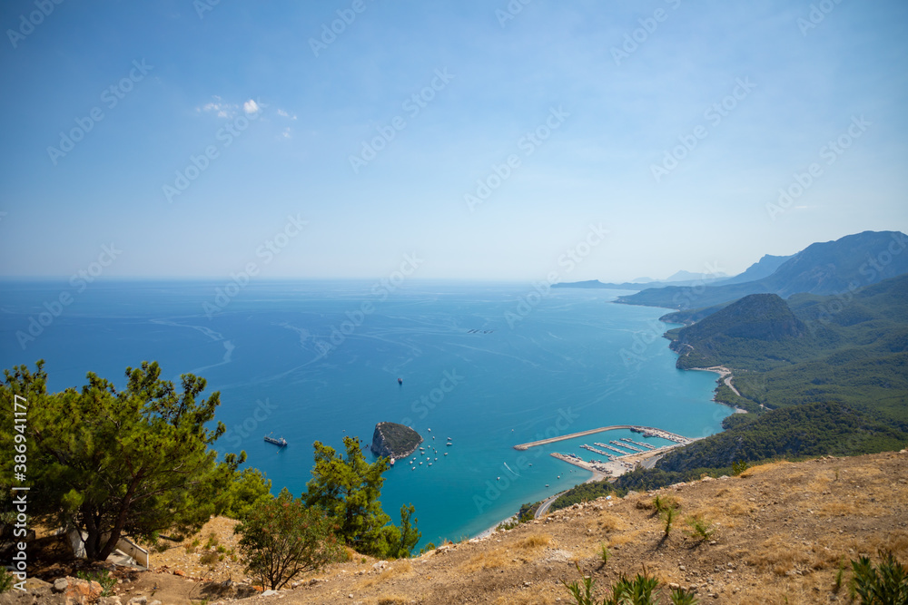 View from top on mountains along sea coast near Antalya, View from Tunektepe Cable car in Turkey