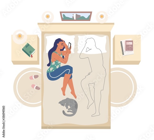 Young woman lying on bed alone holding smartphone and thinking about her boyfriend, flat vector illustration. Unhappy girl and her pet cat sleeping at her feet. Bedroom interior. Loneliness, divorce.