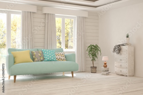 Stylish room in white color with sofa and autumn landscape in window. Scandinavian interior design. 3D illustration