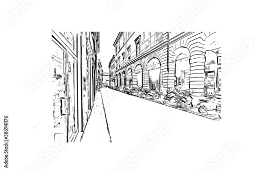 Building view with landmark of Bologna is the capital and largest city of Northern Italy. Hand drawn sketch illustration in vector.