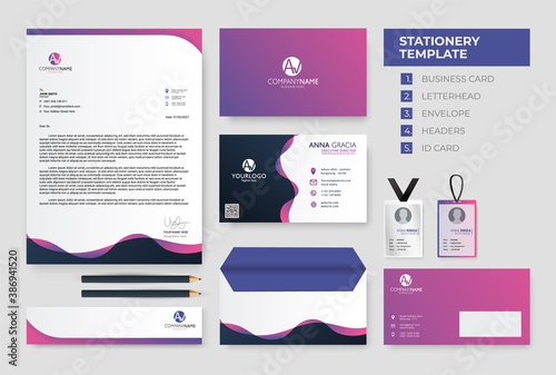 Corporate identity set template design. Stationery Kit Branding template editable with wave purple color