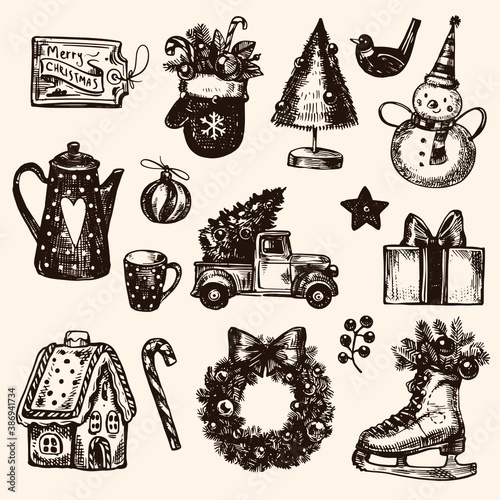Vintage Christmas decoration set. Collection of retro holiday elements and toys: snow man, Christmas wreath, tree in the car, ice skates, teapot, gift box. Hand drawn doodle ink print, etching.