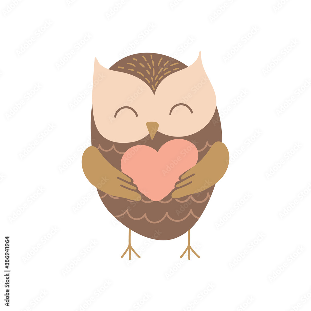 Cute cartoon owl with pink heart. Funny woodland bird isolated on white background. Vector illustration.