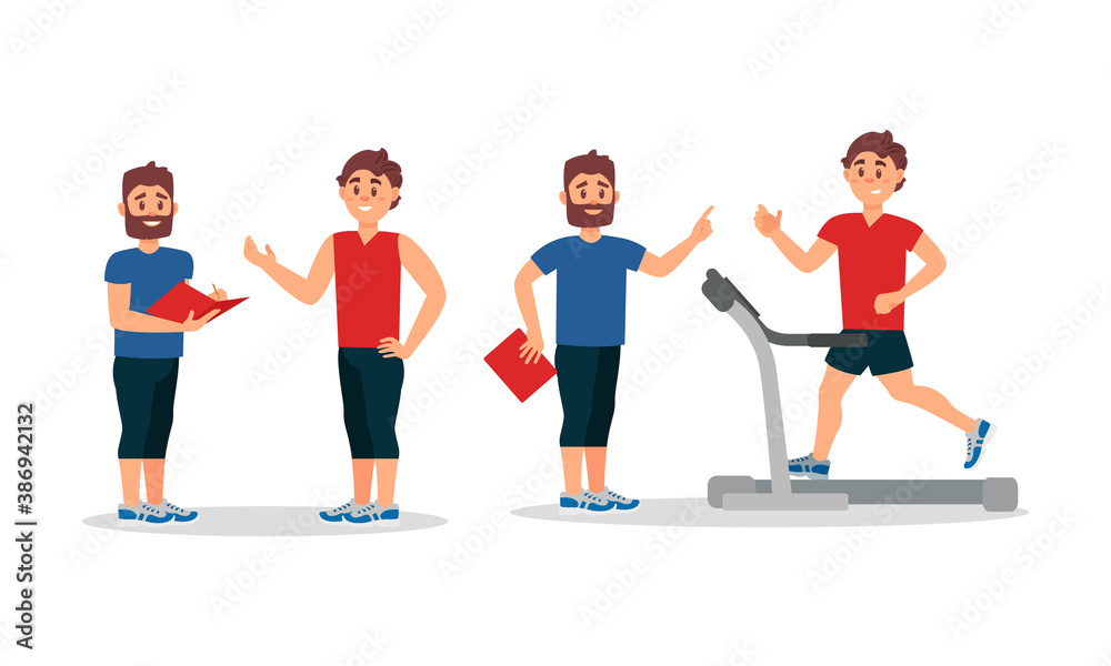 Bearded Man as Fitness Trainer or oach Giving Instructions in Gym Vector Illustration Set Bearded Man as Fitness Trainer or oach Giving Instructions in Gym Vector Illustration Set