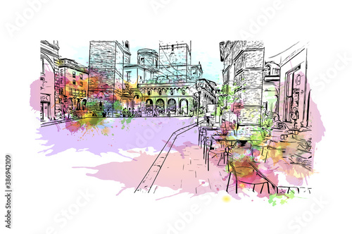 Building view with landmark of Bologna is the capital and largest city of Northern Italy. Watercolor splash with hand drawn sketch illustration in vector.