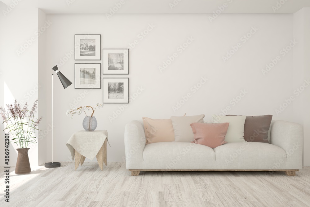 Obraz premium White living room with sofa. Scandinavian interior design. 3D illustration
