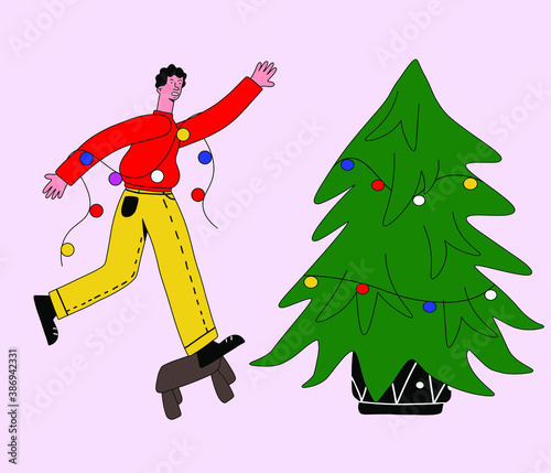 vector illustration guy decorating a Christmas tree with a garland  inadvertently fell from a chair. Funny Christmas card. Character falls and gets angry. Concept of celebration and house decoration.