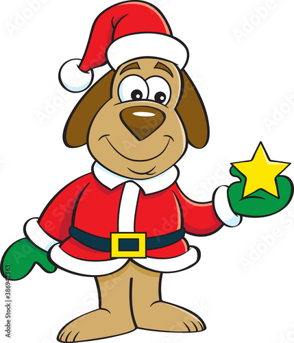 Cartoon illustration of a dog in a Santa Claus costume holding a star.