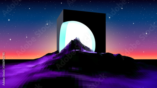 Abstract alien landscape with mysterious ruins of cube building and shiny light inside. Science fiction space landscape in 80s style