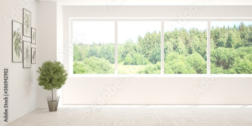 White living room with sofa and summer landscape in window. Scandinavian interior design. 3D illustration