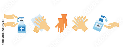 Disinfection vector PPE icon. Hand sanitizer bottles, washing gel, spray, liquid soap, gloves. Hand hygiene for virus. Personal protective equipment. Medical illustration