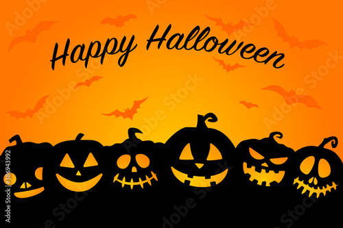 Happy Halloween orange card. Bats and pumpkins.