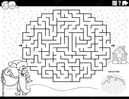 maze game with Santa Claus coloring book page
