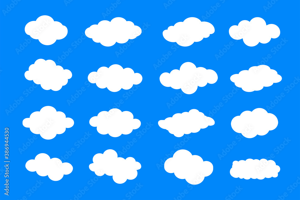 Collection of different white clouds on a blue background. Flat vector illustration. Weather and climate concept. Collection of different white clouds on a blue background. Flat vector illustration. Weather and climate concept.