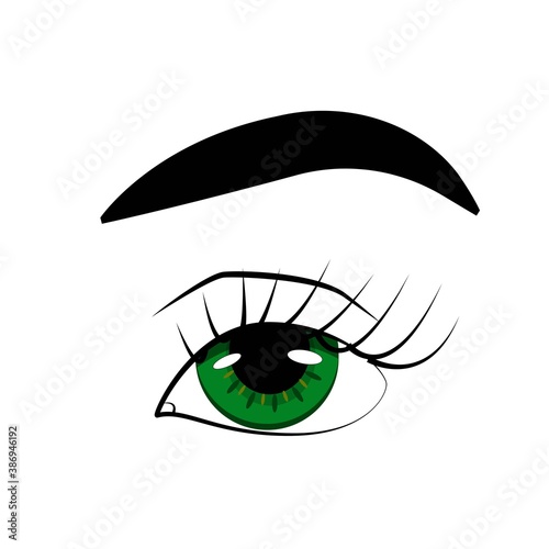 Beautiful eye as a logo for the beauty industry, logo for optics, green eye with long black eyelashes and beautiful eyebrows, vector illustration of isolate on a white background.