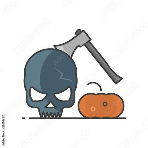 Skull with axe in head and pumpkin illustration. Halloween concept. Isolated on white background. 
