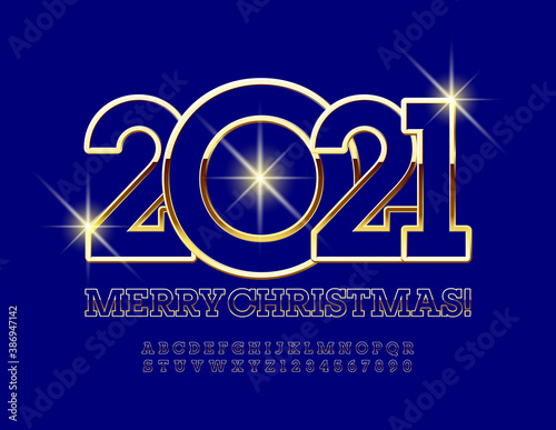 Vector premium style greeting card Merry Christmas 2021! Elite Gold and Blue Font. Chic Alphabet Letters and Numbers set