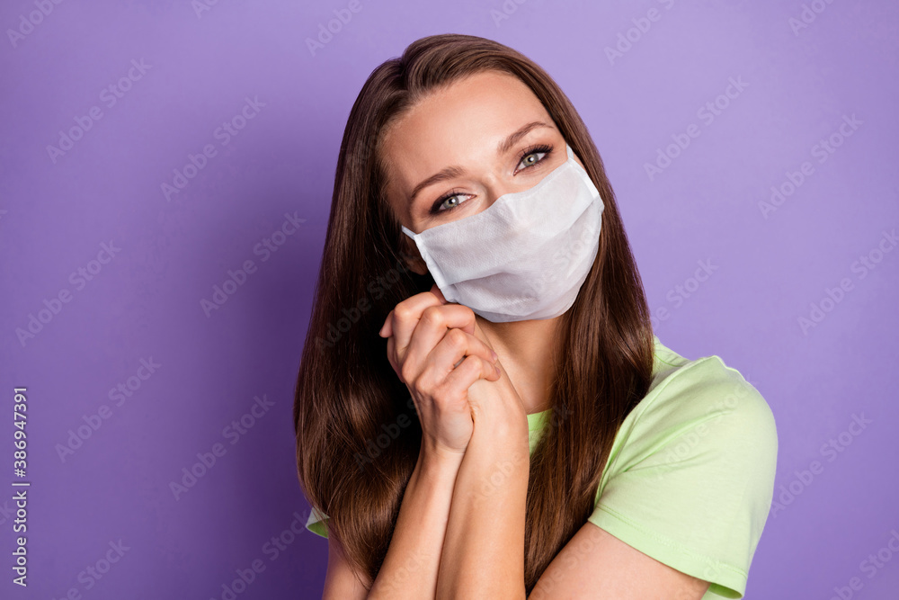 Portrait of cute girl enjoying peace wear mask isolated over bright vivid shine vibrant lilac violet color background Portrait of cute girl enjoying peace wear mask isolated over bright vivid shine vibrant lilac violet color background