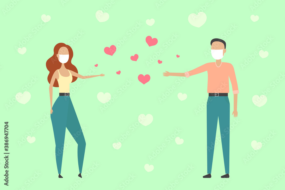 Social distancing poster. Man and woman in face masks. Vector illustration. Social distancing poster. Man and woman in face masks. Vector illustration.