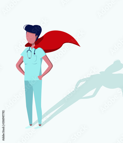 A strong, brave woman doctor, stands guard over your health. A superhero hides in an ordinary person. Research and control of the coronavirus pandemic. Vector graphics. Flat image.