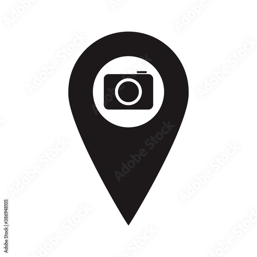 Black Map Pointer with photo camera inside. Place marker. A place to take picture. You are here symbol. gps navigation. Vector flat design map marker icon that points location. Web element design.