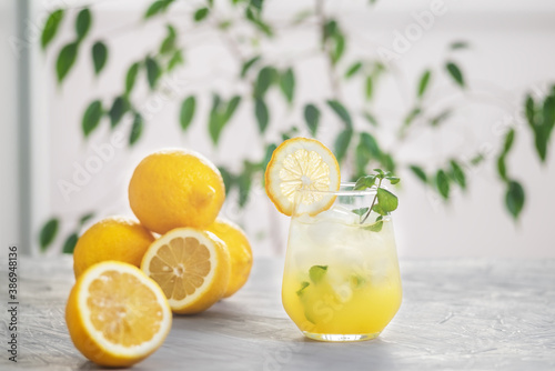 Citrus iced lemonade in the glass with lemon slice and mint leaves decoration on marble table on natural background © Olga Krivokoneva