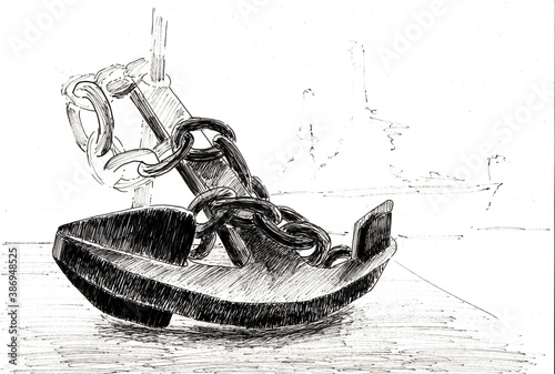 Black and white sketch of an anchor isolated on a white background. Line art illustration on a marine theme is hand-drawn. photo