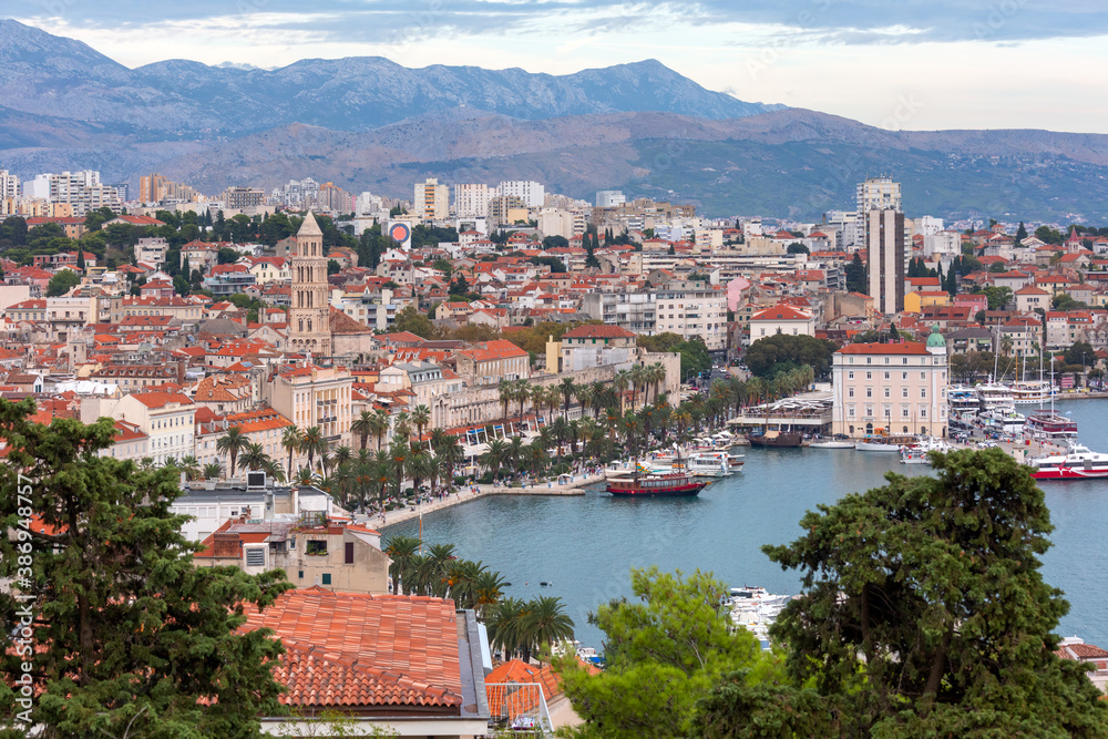 Panoramic view of the city from Marjan Hill with Emperor Diocletian Palace and ferry port in Split, Croatia