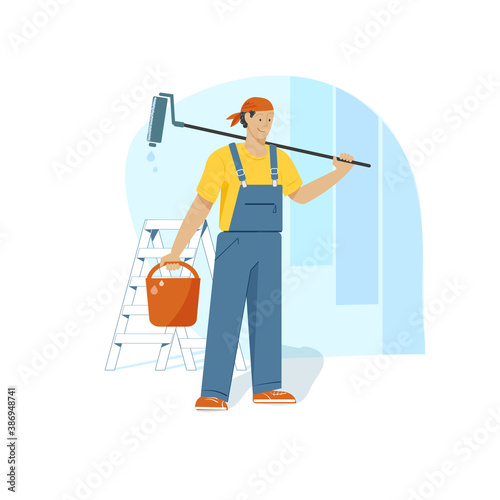 Vector character - a painter, with a bucket of paint and a paint roller. Professional repairman in overalls on the background of apartment renovation. Flat - style illustration.