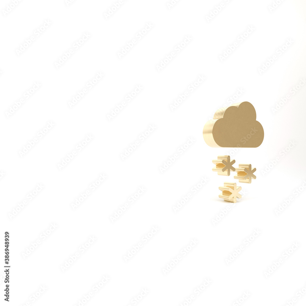 Gold Cloud with snow icon isolated on white background. Cloud with snowflakes. Single weather icon. Snowing sign. 3d illustration 3D render.