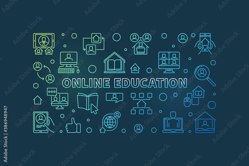 Online Education vector colored concept outline horizontal illustration or banner on dark background