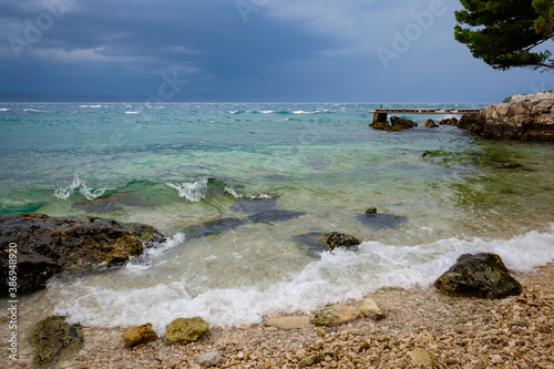 sea shore during rain storm, croatia, zivogosce photo