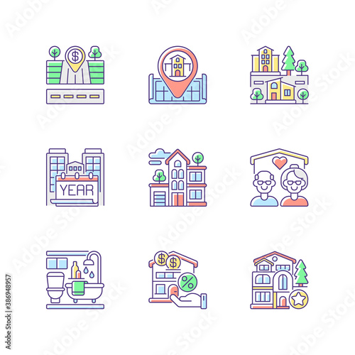 House services RGB color icons set. Empty lot for sale. Home position on map. Nursing house for seniors. Year built of building. Suburban neighborhood. Bath room. Isolated vector illustrations