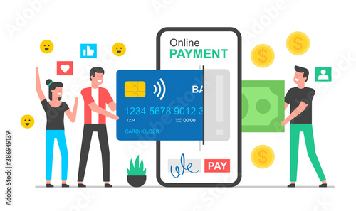 Online Payment concept. People transfer money with atm on smartphone. flat style
