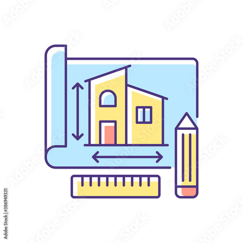 Building plan RGB color icon. Engineering draft for residential house. Apartment structure sketch on paper. Blueprint of house. Architect drawing of accommodation. Isolated vector illustration