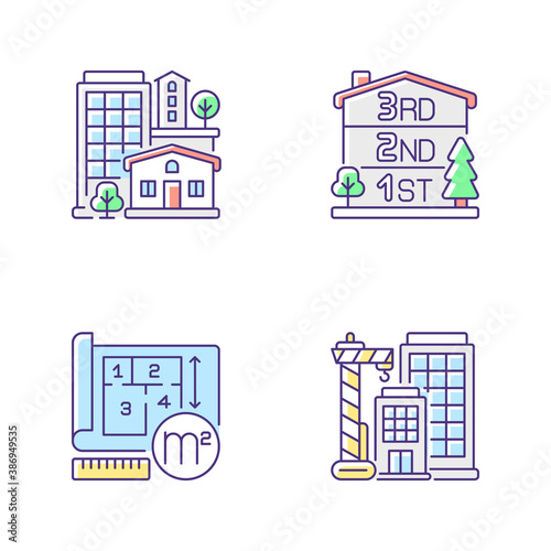 Residential houses RGB color icons set. Number of stories in multistorey building. New skyscraper. Condominium for dwelling. Room area on plan. Engineering draft. Isolated vector illustrations