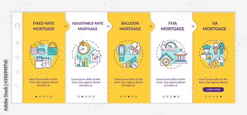 Mortgage loan types onboarding vector template. Fixed-rate. Balloon mortgage. Federal housing administration. Responsive mobile website with icons. Webpage walkthrough step screens. RGB color concept