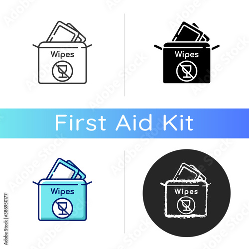 Alcohol free wipes icon. Disinfectant paper towels. Sanitation tissues for hygiene. Cosmetic product for skincare. First aid kit. Linear black and RGB color styles. Isolated vector illustrations