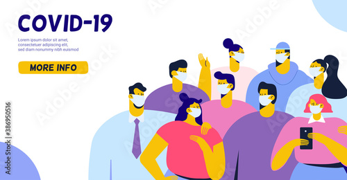 Group of people wearing medical masks. Covid-19, Coronavirus Disease, Health Care. Flat Vector illustration