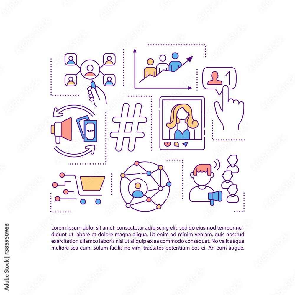 Influencer marketing concept icon with text. Social media influencers. Product advertisement. PPT page vector template. Brochure, magazine, booklet design element with linear illustrations