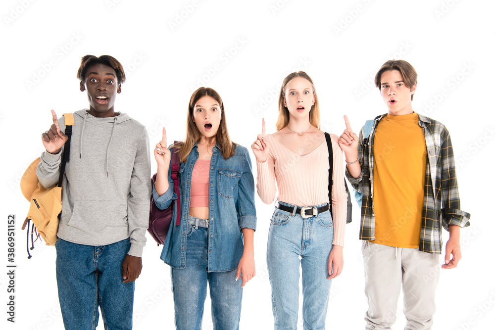 Excited multiethnic teenagers having idea isolated on white Excited multiethnic teenagers having idea isolated on white