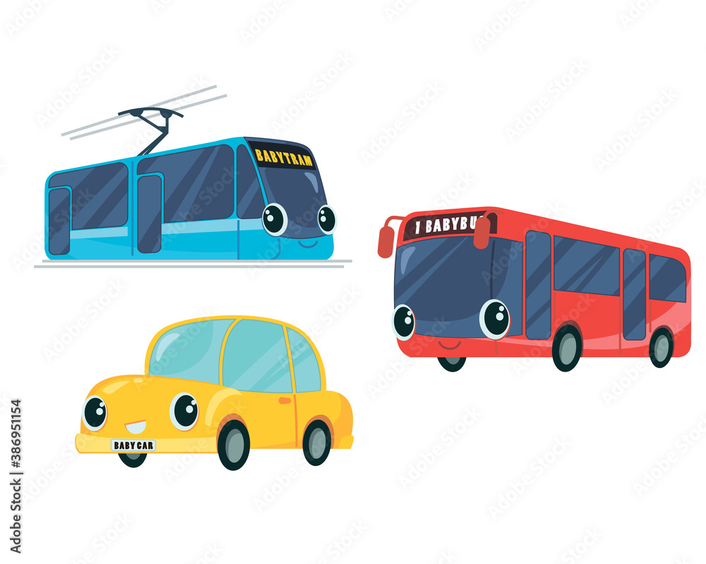 Public transport set in children's baby childish style. Cartoon vehicles.  Toy bus coach, tram streetcar wagon, car automobile. Comic vector  illustration of a character for a book. Stock Vector | Adobe Stock