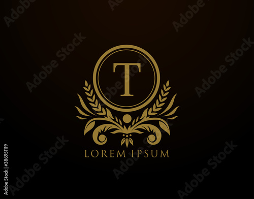  Luxury Royal Letter T Monogram Logo, Elegant Circle Badge With Floral Design.