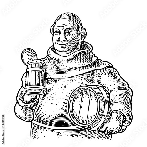 Monk holding wood beer mug and barrel. Vintage vector black engraving