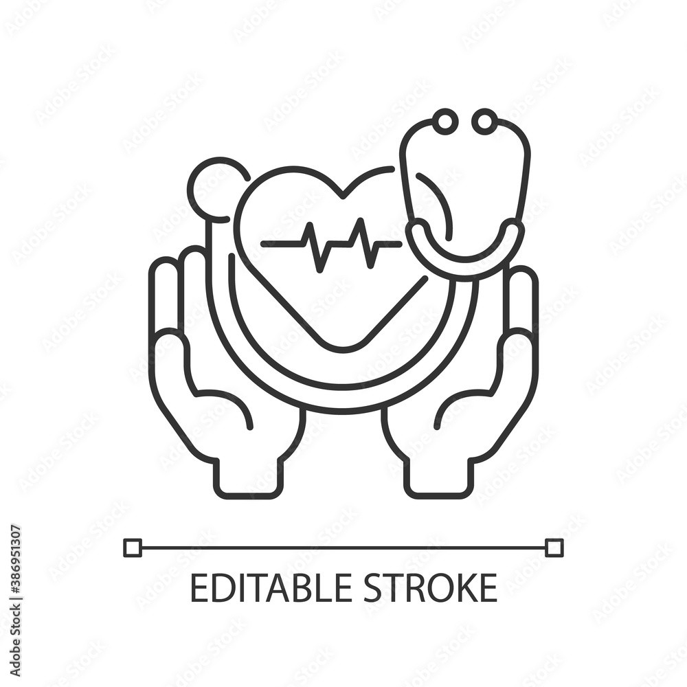 Obraz premium Health care linear icon. Medical social services. Preventing and managing disease. Thin line customizable illustration. Contour symbol. Vector isolated outline drawing. Editable stroke