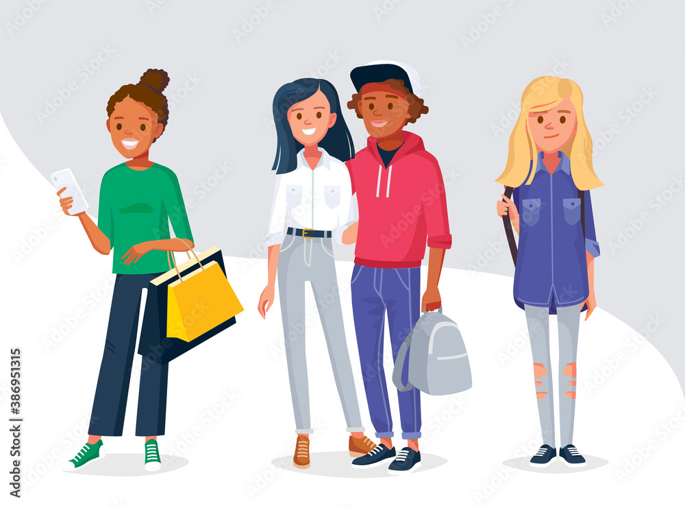 Group of young people in differen poses. Woman with shopping bags. shopper. Diverse couple. Female student. Group of young people in differen poses. Woman with shopping bags. shopper. Diverse couple. Female student.