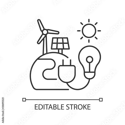 Energy sector linear icon. Renewable-energy facilities. Solar, wind farm. Electricity generation. Thin line customizable illustration. Contour symbol. Vector isolated outline drawing. Editable stroke
