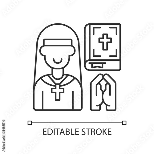Clergy linear icon. Spiritual leaders. Religious duties. Church. Priesthood. Religious institute. Thin line customizable illustration. Contour symbol. Vector isolated outline drawing. Editable stroke